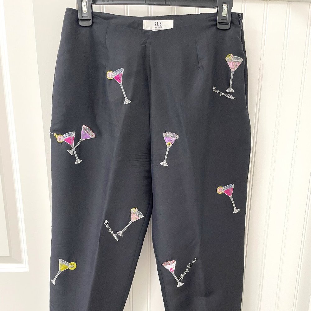 S. I. B. Black Silk pants with embroidered Martini glasses sz 6P